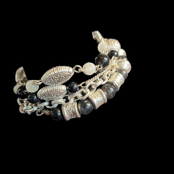 Covington Silver Black Beaded Bracelet Set Multi Strand Boho Chic Layered Look - Picture 2 of 7